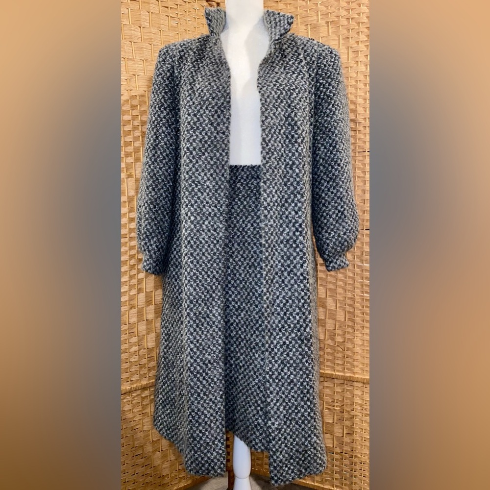 MJ Seattle Vintage 70’s Grey Mohair Sweater Duster Long Coat Skirt Belt Suit Set